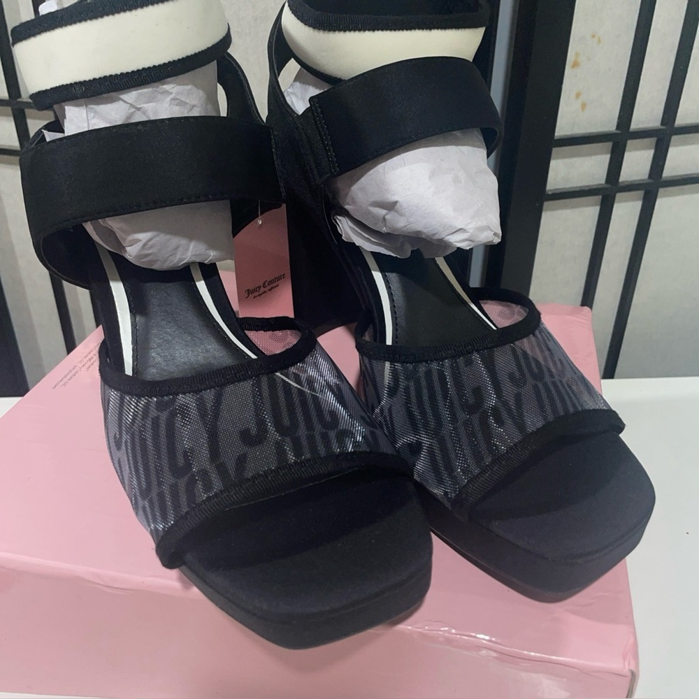 NEW Juicy Y2K Graciela Black Mesh Platform Block Heel Sandals Chunky Glam Sz 10 - Picture 3 of 11